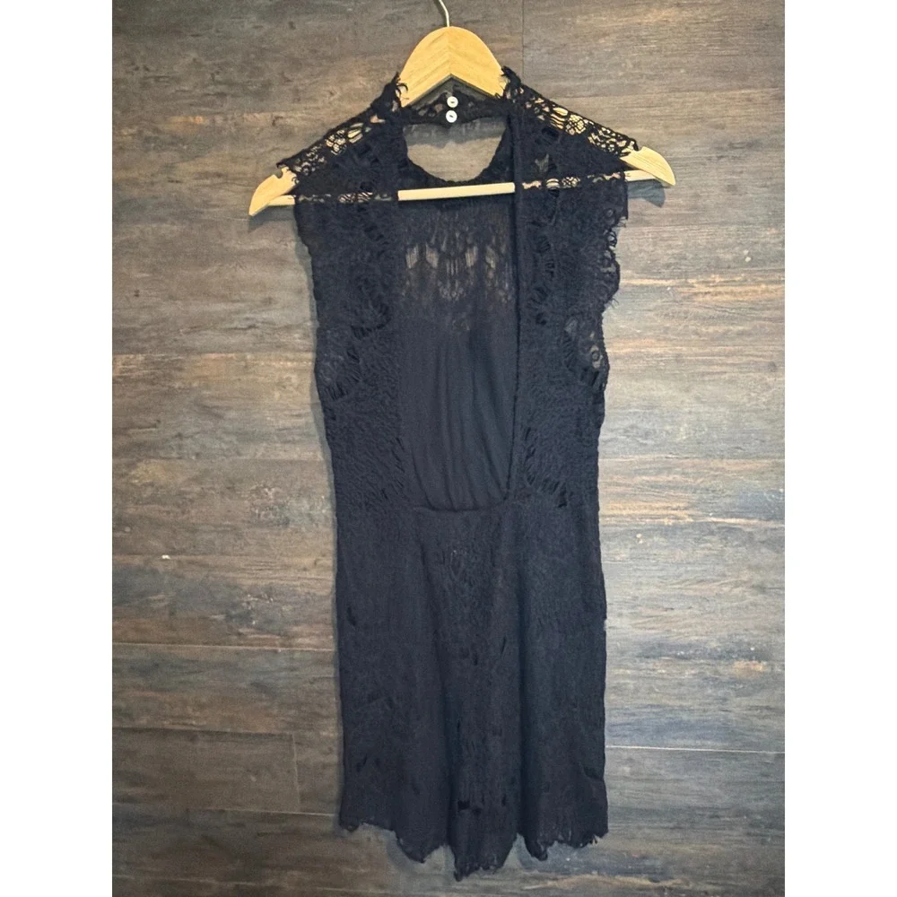 Intimately Free People Black Lace Romper Open Back High Neck Eyelash Trim Small